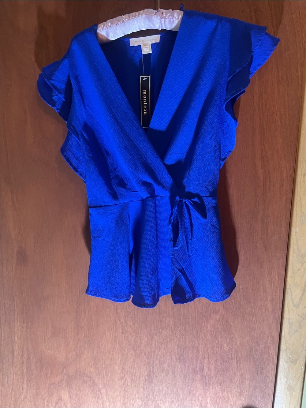 Monteau Cobalt Blue Wrap Peplum Blouse. New with tags. Small